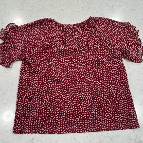 Madewell Women's Burgundy Floral Chiffon Top Short Sleeve Dress Shirt Lined - Picture 4 of 12